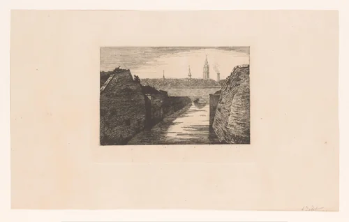 Gezicht op de toegang van de rivier Trouille tot de stad Mons by Léon Dolez, print, 1875-1878