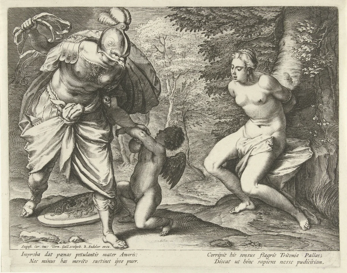 Venus aan een boom gebonden en Amor door Minerva gestraft by Unknown, print, 1586-1632