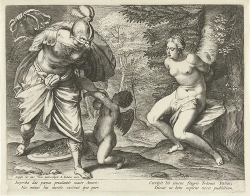 Venus aan een boom gebonden en Amor door Minerva gestraft by Unknown, print, 1586-1632
