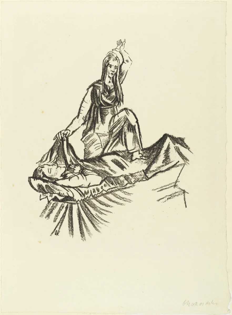 Woman Triumphs over Corpse (Das Weib triumphiert über den Toten) (plate 11) from The Bound Columbus (Der gefesselte Columbus) by Oskar Kokoschka, print, 1916