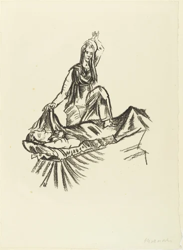 Woman Triumphs over Corpse (Das Weib triumphiert über den Toten) (plate 11) from The Bound Columbus (Der gefesselte Columbus) by Oskar Kokoschka, print, 1916