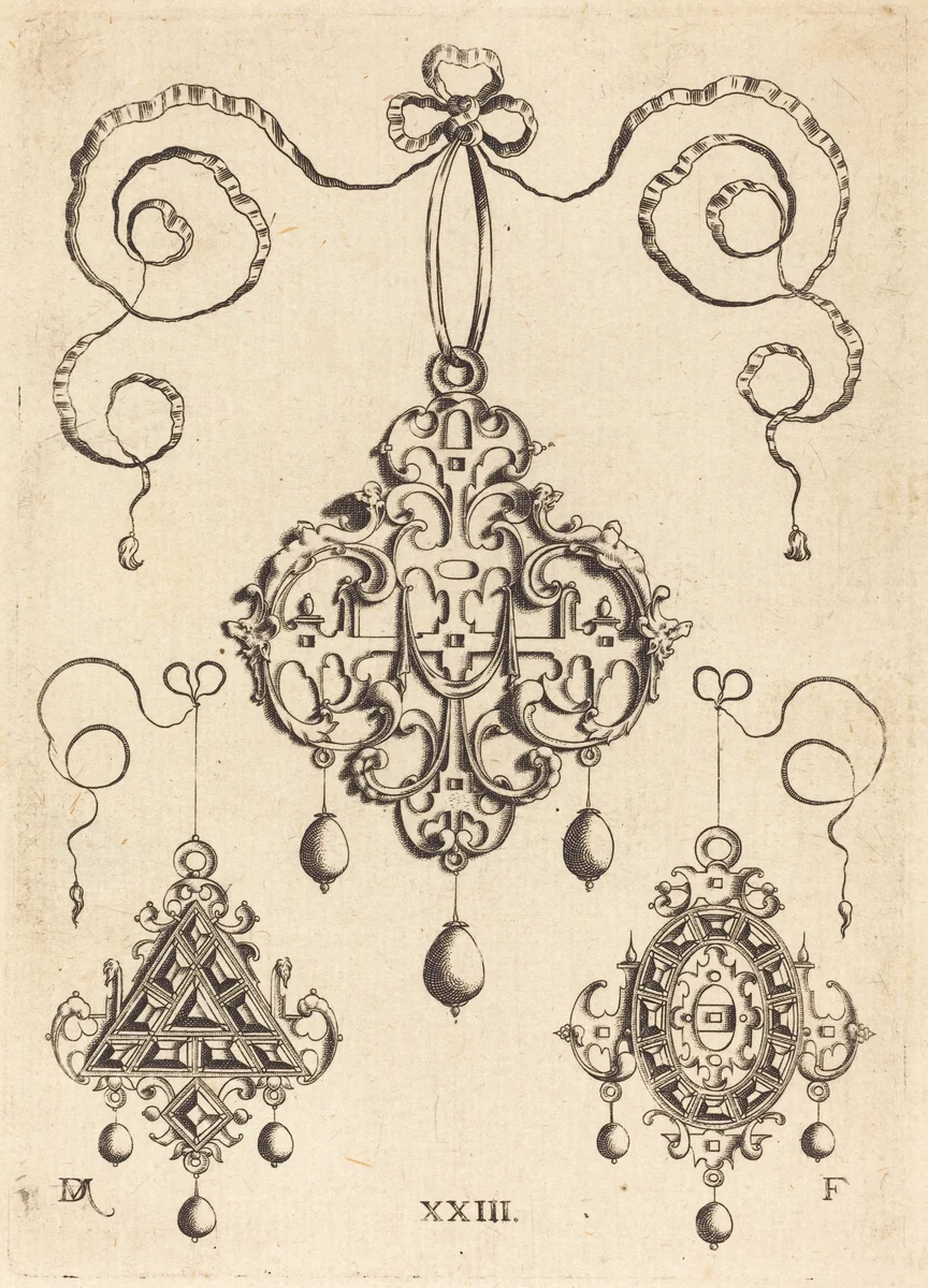 Three Strapwork Pendants, The Lower Ones Triangular and Oval by Daniel Mignot, print, 1516-1653