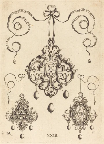 Three Strapwork Pendants, The Lower Ones Triangular and Oval by Daniel Mignot, print, 1516-1653