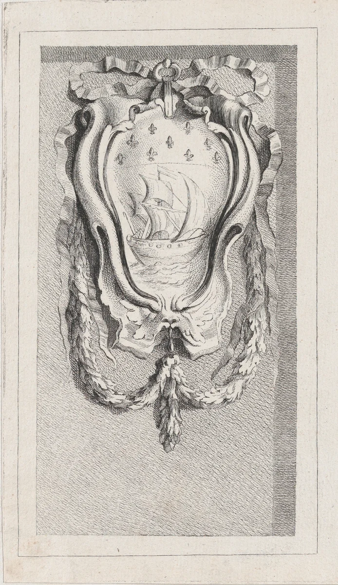 Sailboat within a cartouche, after a bas-relief on the Fontaine des Quatre-Saisons (Paris) by anonymous, print, 1745-1800
