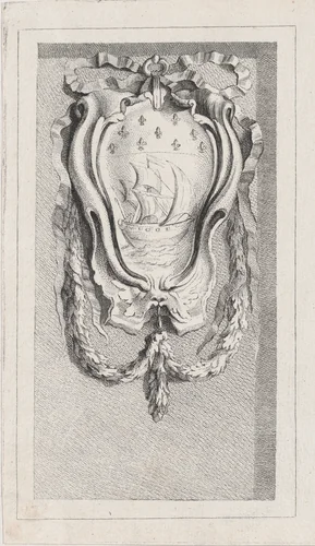 Sailboat within a cartouche, after a bas-relief on the Fontaine des Quatre-Saisons (Paris) by anonymous, print, 1745-1800
