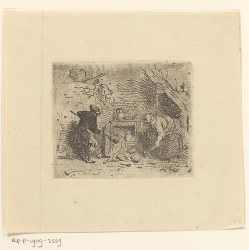 Twee figuren jagen op een rat in de voorraadkast by Ferdinand De Braekeleer, print, 1802-1883
