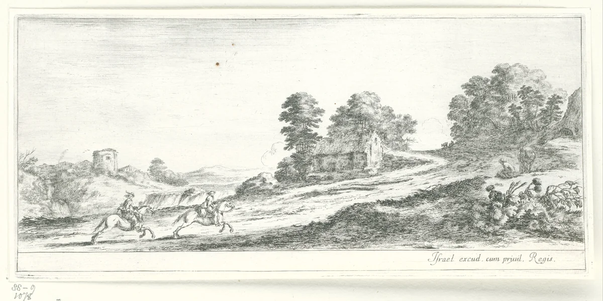 Twee galopperende ruiters in een landschap by Stefano della Bella, print, 1620-1664