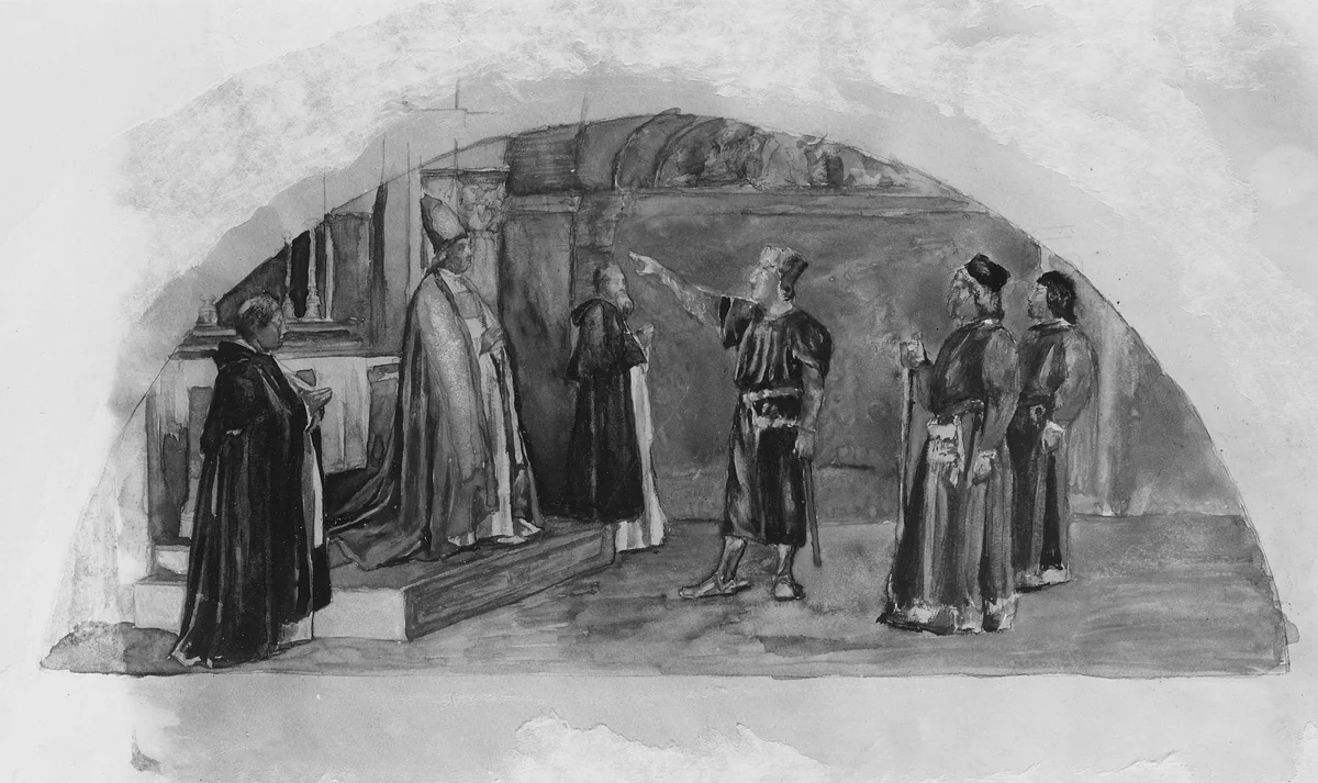 The Adjustment of Conflicting Interests: Count Raymond of Toulouse Swears at the Altar to Observe the Liberties of the City;ì Color Study for Mural, Supreme Court Room, Minnesota State Capitol,ì Saint Paul by John La Farge, artwork, 1903