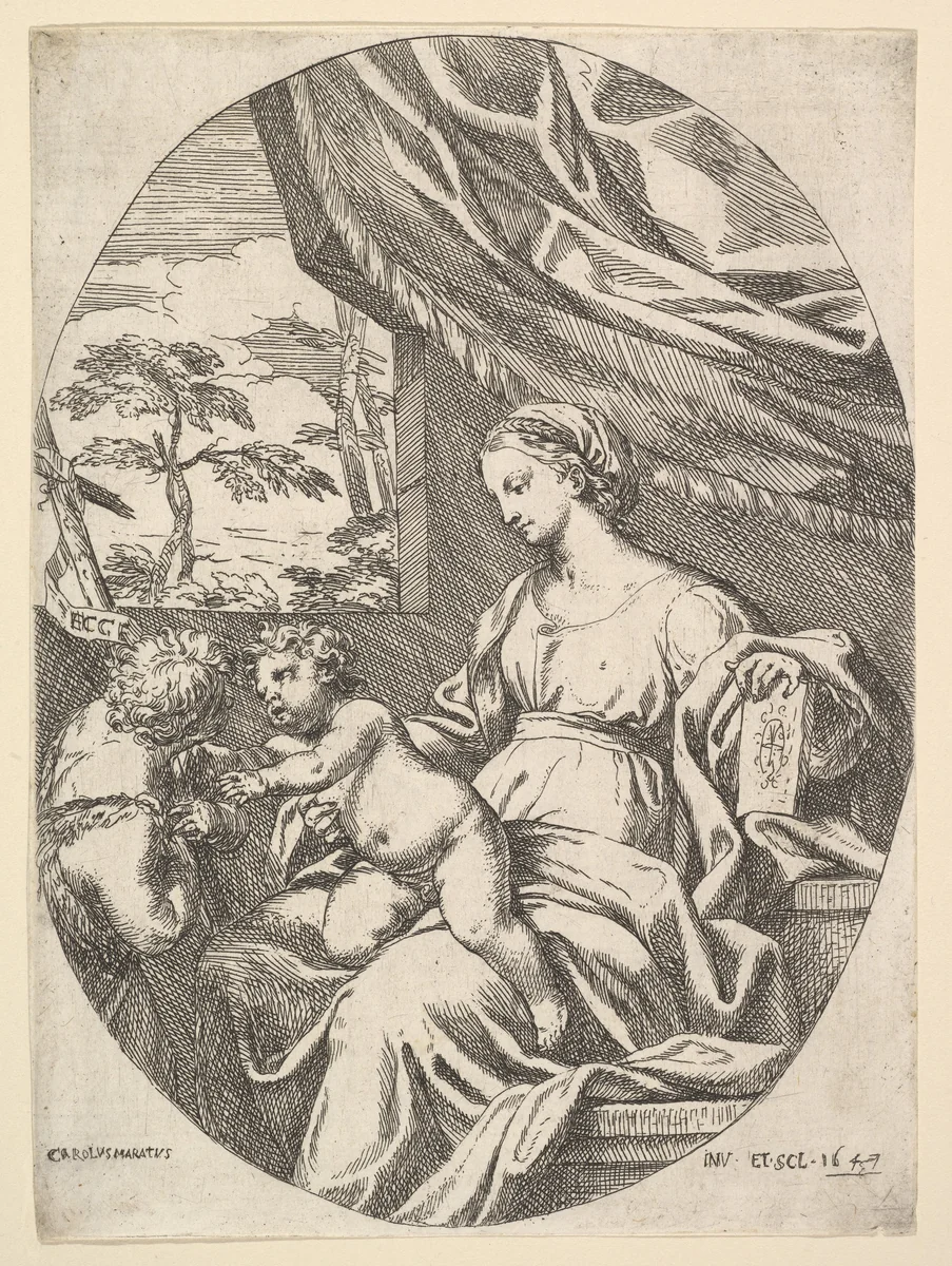 The Virgin and Child with the Young St. John the Baptist by Carlo Maratti, print, 1647