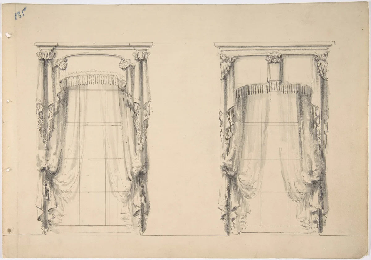 Design for Fringed Curtains Hanging at Two Windows by anonymous, drawing, 1800-1850