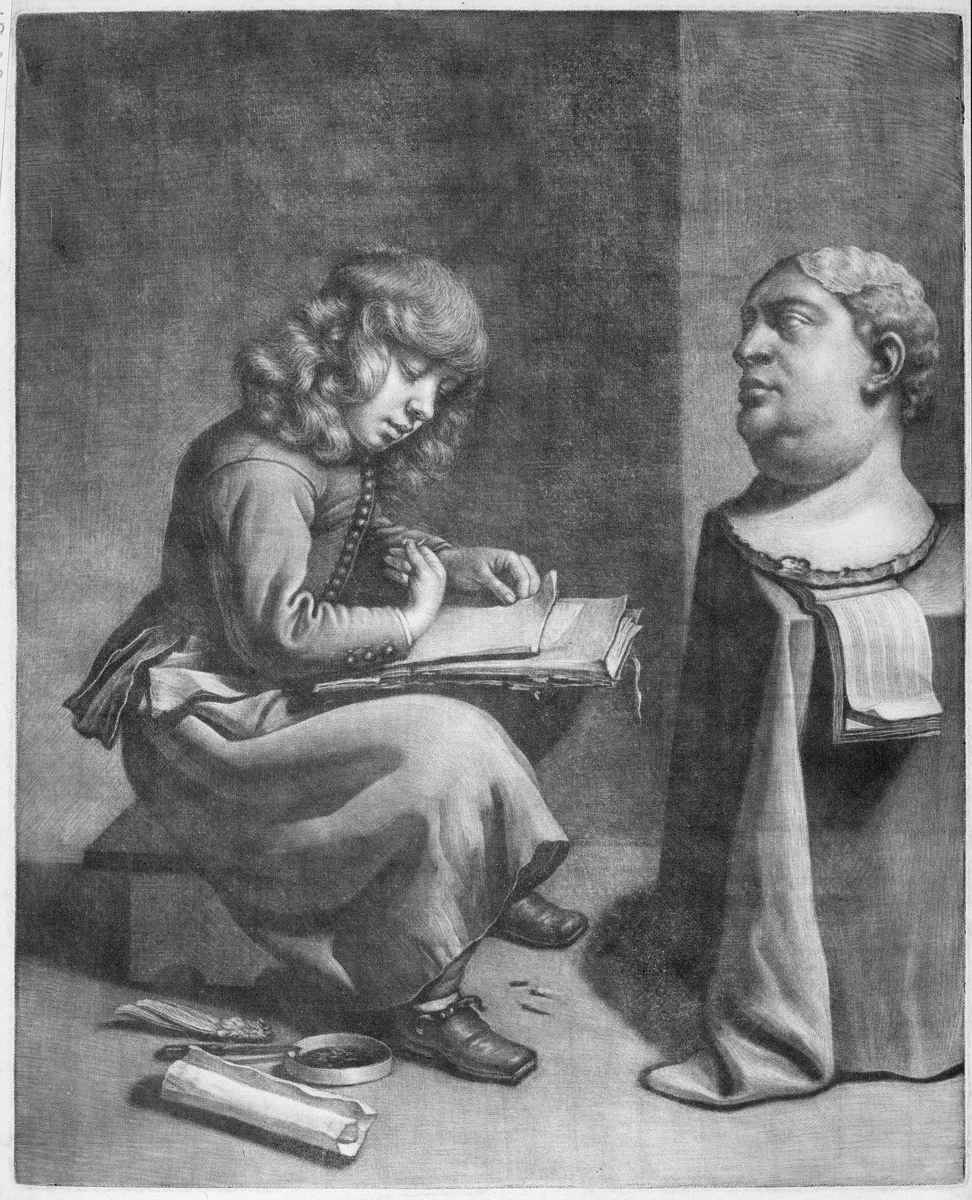 Boy Drawing a Bust of the Roman Emperor Vitellius by Wallerant Vaillant, print, 1660-1675