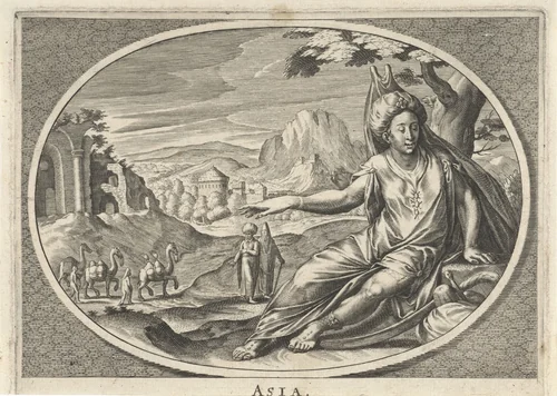 Vrouwelijke personificatie van werelddeel Azië als vrouw met tulband en sabel in landschap met kamelen by Cornelis van Dalen, print, 1648-1664