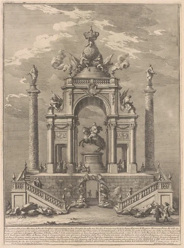 The Prima Macchina for the Chinea of 1751: Triumphal Arch for Roger I of Sicily by Giuseppe Vasi, print, 1751
