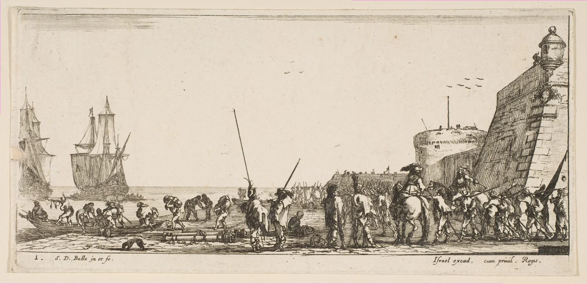 Plate 1: soldiers waiting to board a ship, from 'Various Embarkations' (Divers embarquements) by Stefano della Bella, print, 1641-1652