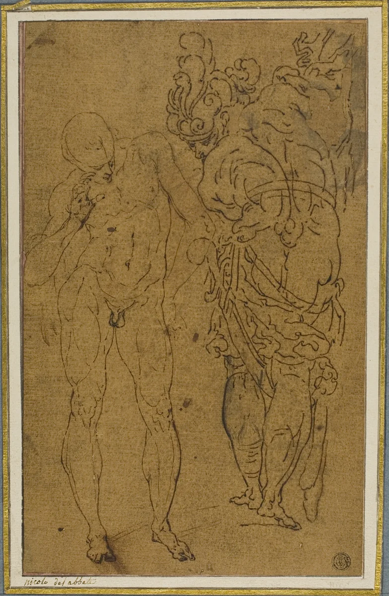 Male Nude and Warrior in Armor by Giulio Benso, drawing, 1621-1668