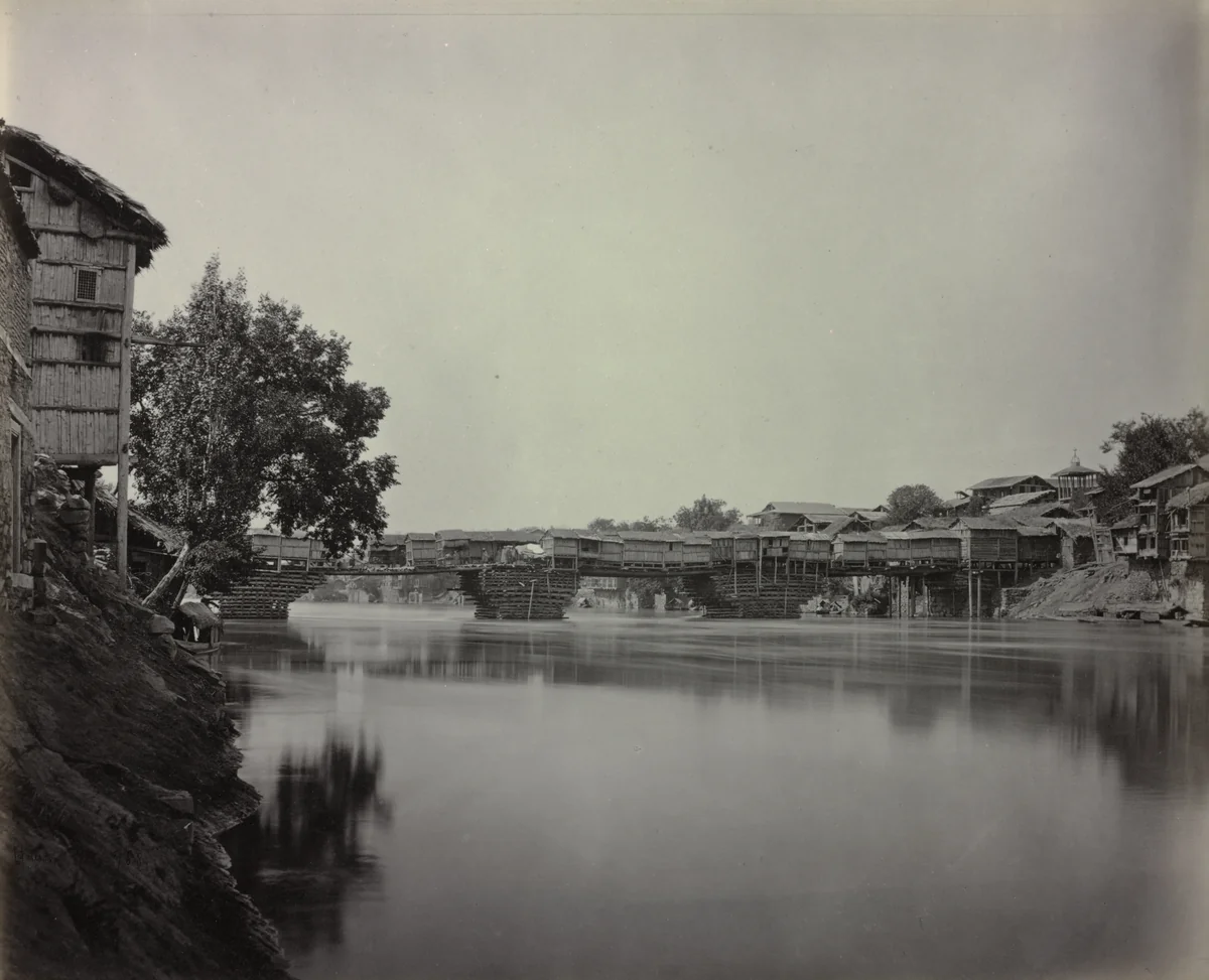 Bridge of Shops, Srinagar, Kashmir by Samuel Bourne, photograph, 1864