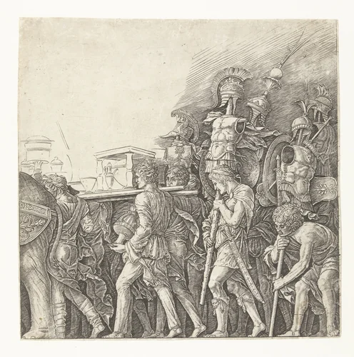 Soldaten met oorlogstrofeeën in triomftocht van Caesar by Unknown, print, 1486-1492