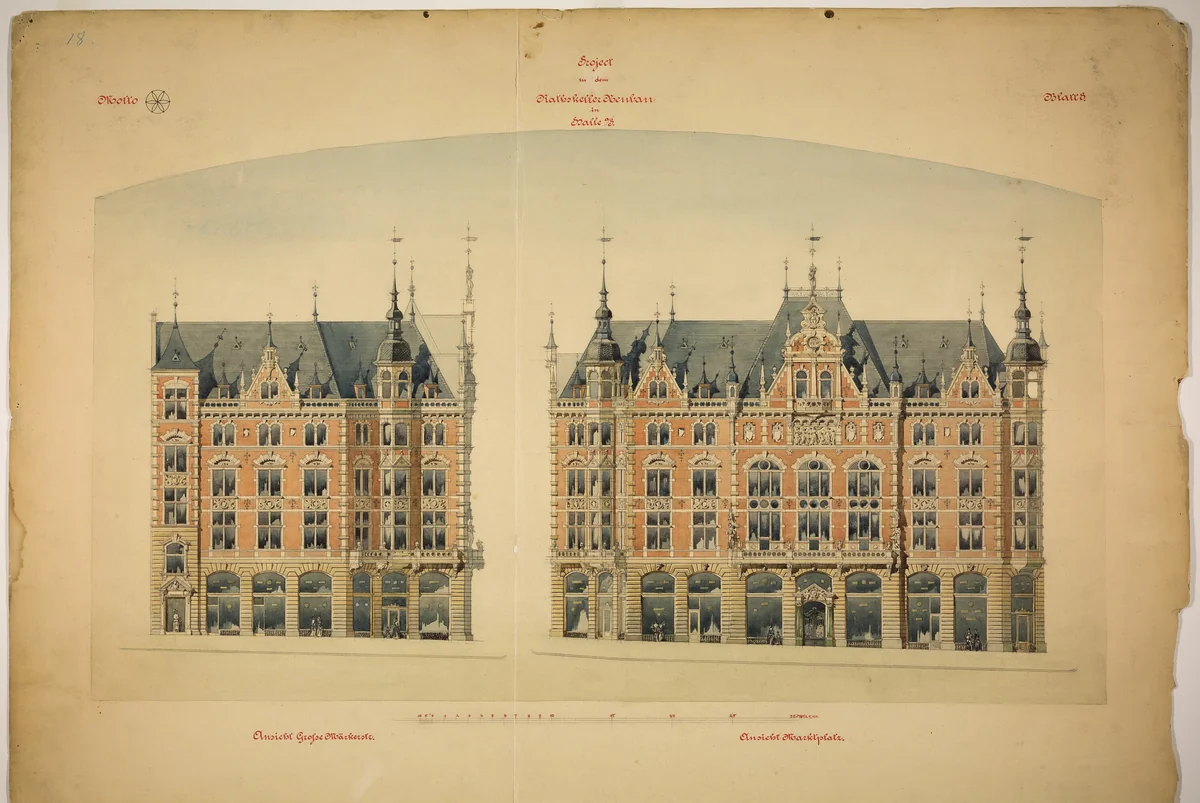 Rathskeller Neubau, Halle (Saale), Saxony-Anhalt, Germany, Elevations by Peter J. Weber, drawing, 1882-1892