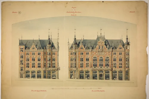 Rathskeller Neubau, Halle (Saale), Saxony-Anhalt, Germany, Elevations by Peter J. Weber, drawing, 1882-1892