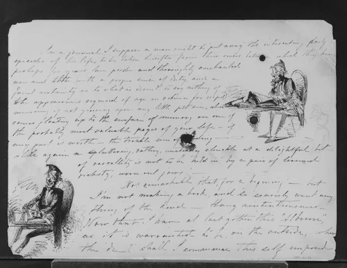 Two Sketches of Old Man with Books (from Sketchbook) by James McNeill Whistler, artwork, 1854