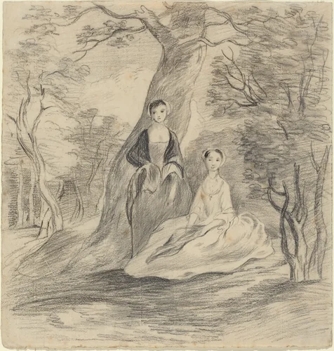 Two Girls in a Landscape by George Frost, drawing, 1754-1821