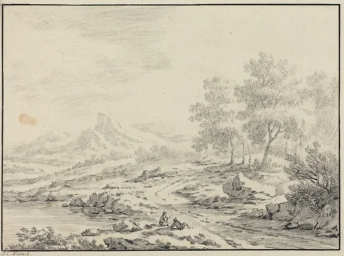 Two Men Resting near a Lake by Johann Christoph Dietzsch, drawing, 1710-1769