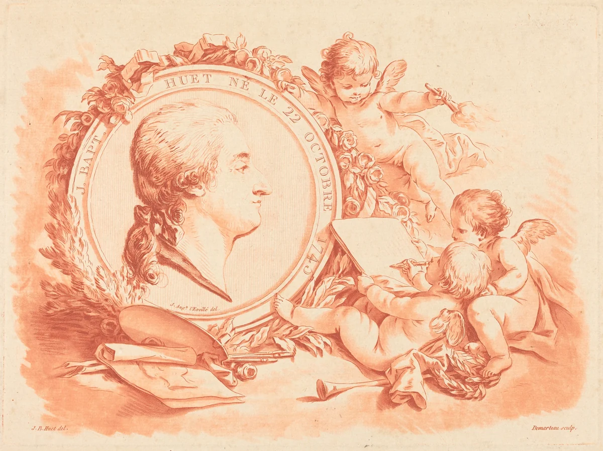 Allegorical Portrait of Jean-Baptiste Hüet by Gilles Demarteau; Jean-Augustin Léveillé; Jean-Baptiste Hüet, print, 1775