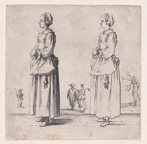 La Paysanne Tournée a Gauche, les Mains Appuyées l'Une sur l'Autre (The Peasant Woman Turned to the Left, One Hand Placed in the Other), from "Varie Figure" (Various Figures) by Jacques Callot, print, 1615-1625