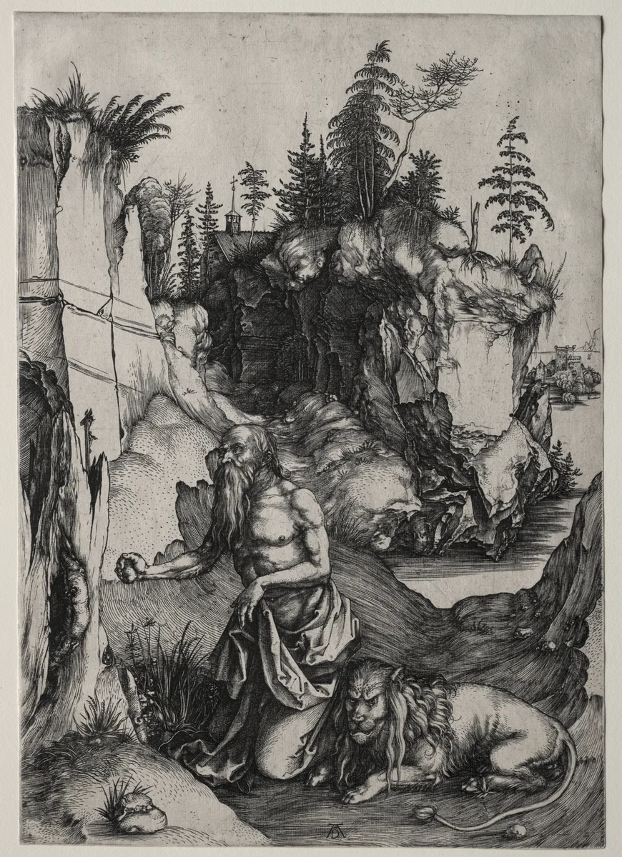 St. Jerome in Penitence by Albrecht Dürer, print, 1492-1452