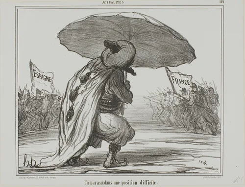 An Umbrella in a Difficult Position, plate 119 from Actualités by Honoré-Victorin Daumier, print, 1859