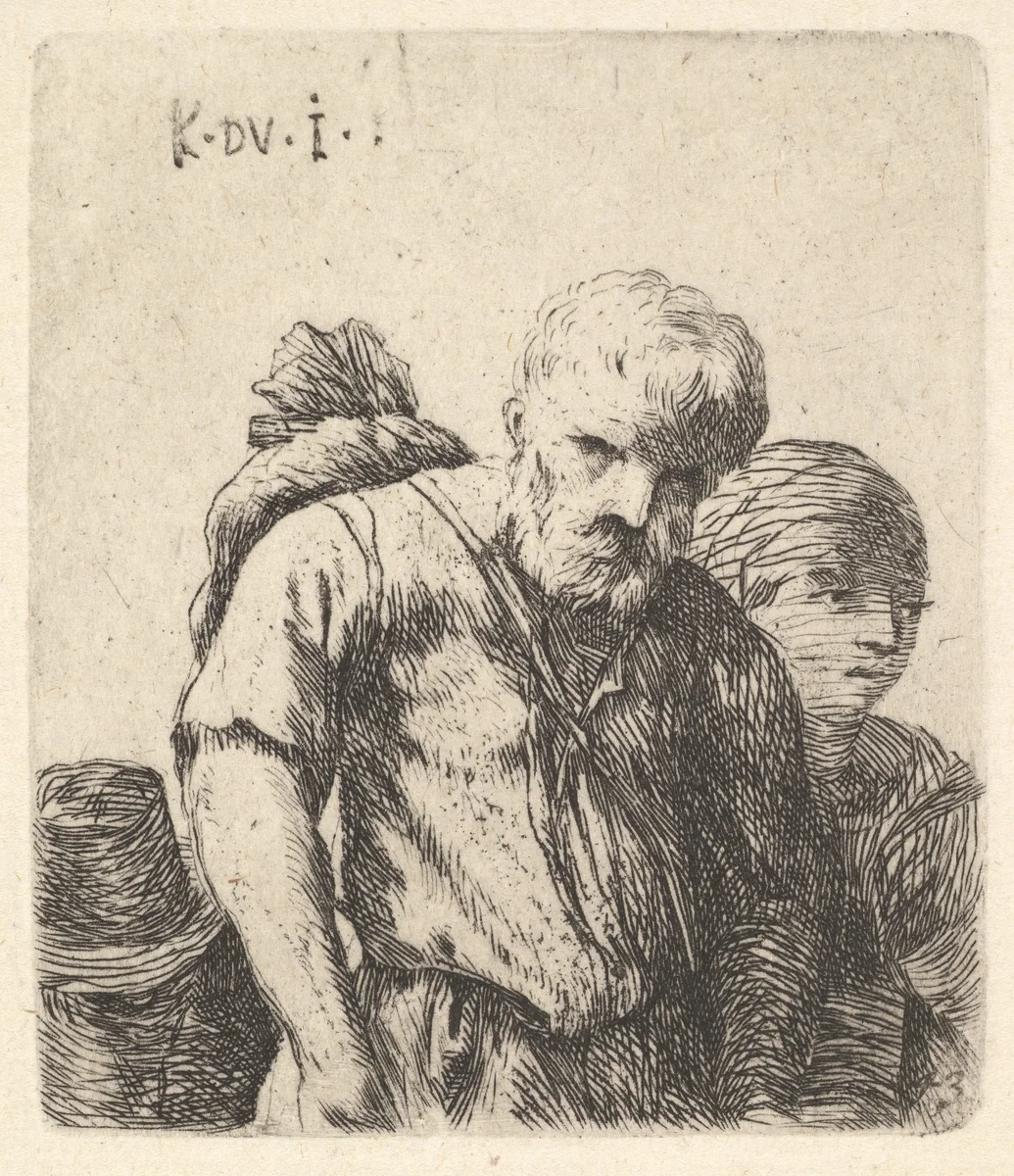 Bearded man shown in half-length with bundle slung over right shoulderblade, flanked by a woman shown in half-length and a man wearing a tall hat in lower left corner by Karel Dujardin, print, 1641-1678