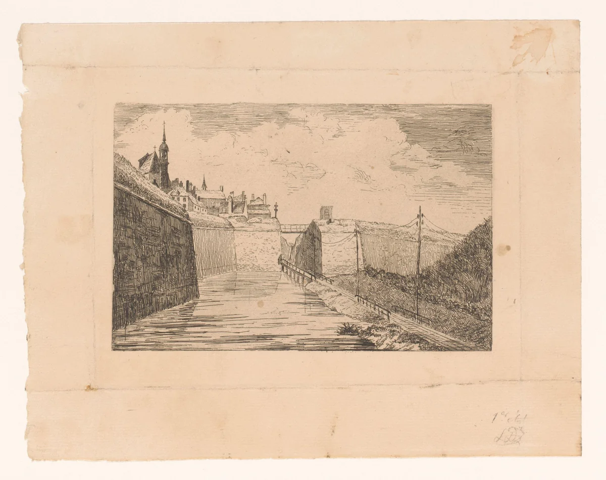 Spoorwegtoegang van de stad Mons by Léon Dolez, print, 1875-1878