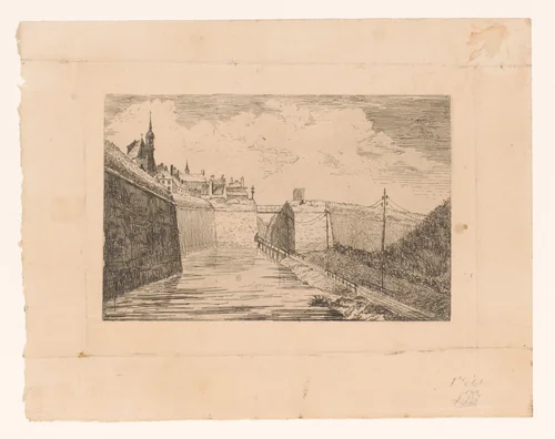 Spoorwegtoegang van de stad Mons by Léon Dolez, print, 1875-1878