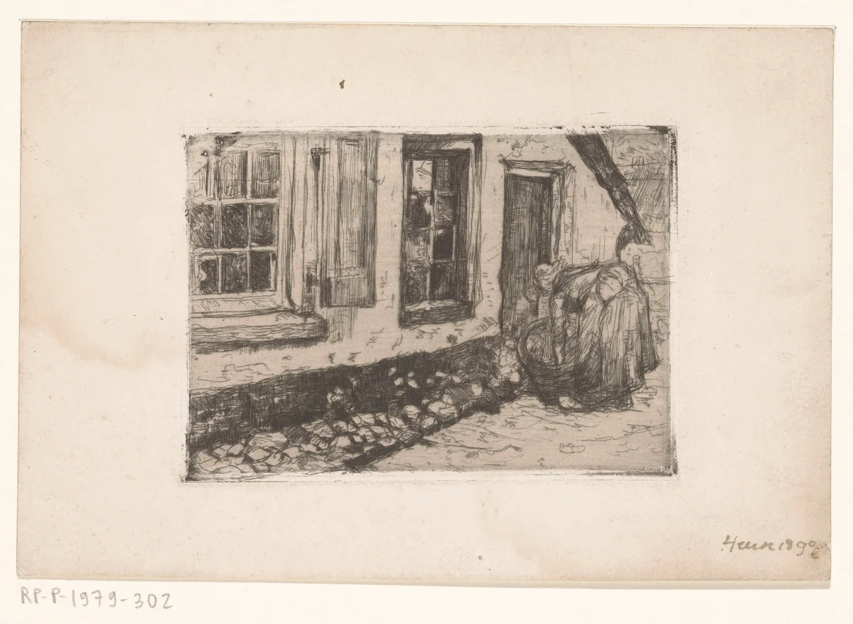 Vrouw met een wastobbe voor een huis in Heerde by Richard Nicolaüs Roland Holst, print, 1890
