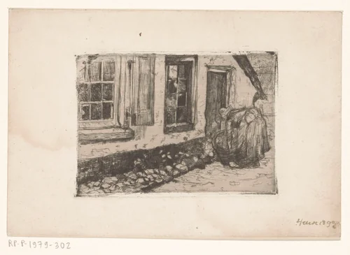 Vrouw met een wastobbe voor een huis in Heerde by Richard Nicolaüs Roland Holst, print, 1890