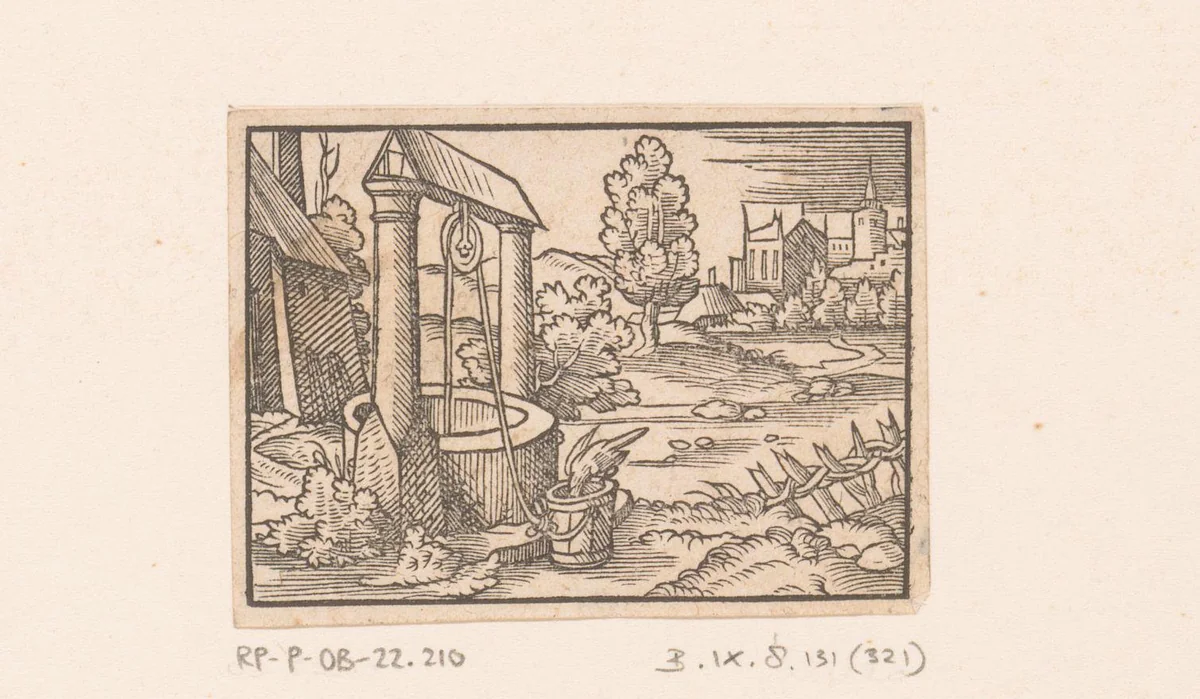 Fabel van de kraai en de kruik by Virgilius Solis, print, 1566