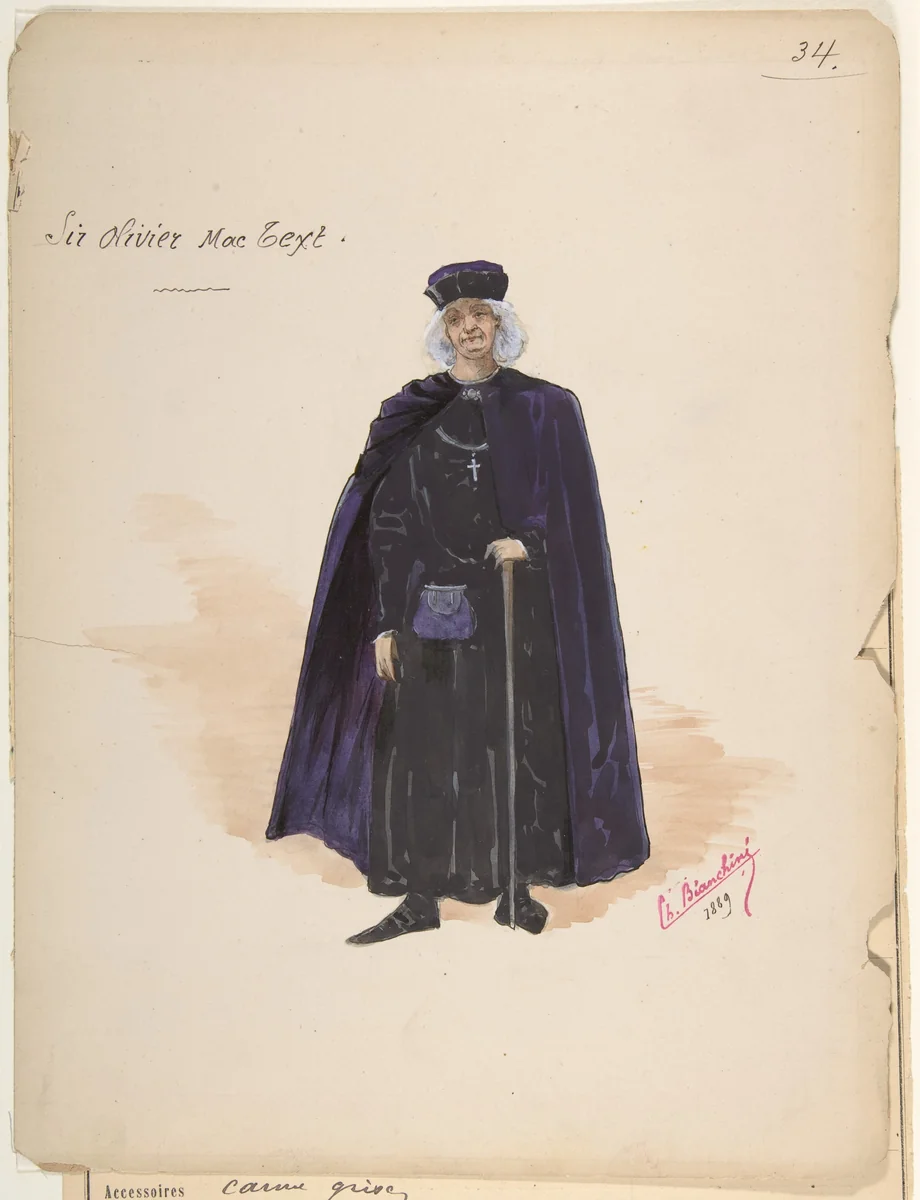 Costume for Sir Olivier McText [a]; Descriptive Sheet of Accessories [b] by Charles Bianchini, drawing, 1889