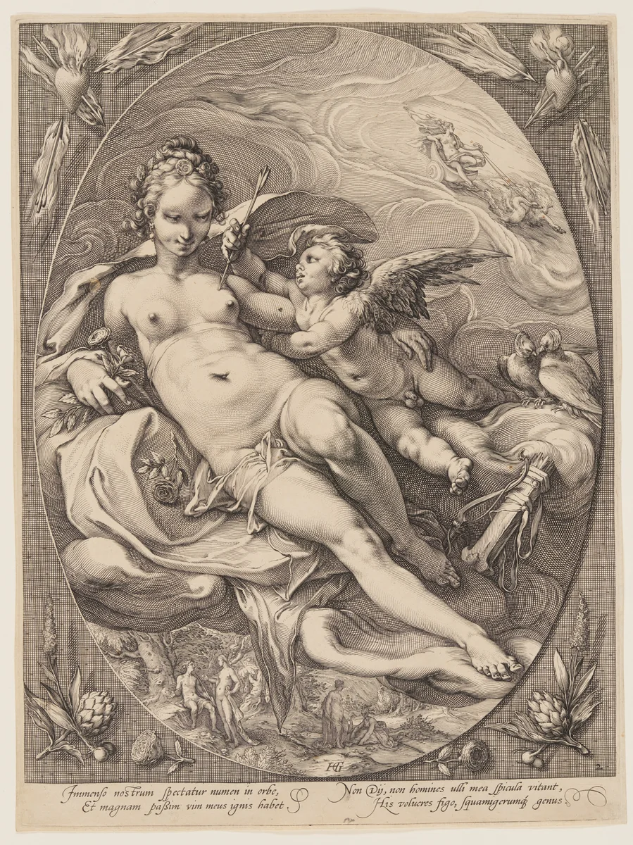 Venus and Cupid, from Three Goddesses Seated in the Clouds by Jan Saenredam, print, 1596