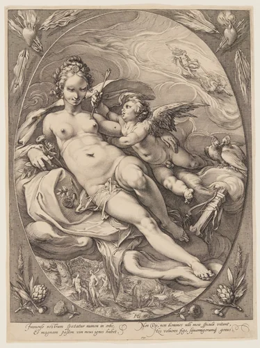 Venus and Cupid, from Three Goddesses Seated in the Clouds by Jan Saenredam, print, 1596