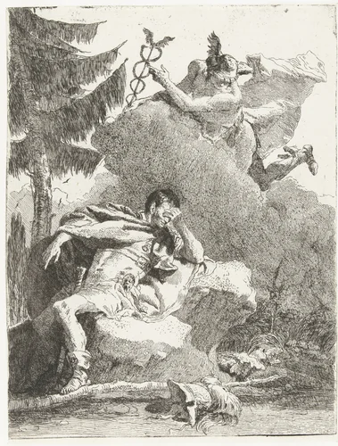 Mercurius verschijnt aan Aeneas in zijn droom by Giovanni Domenico Tiepolo, print, 1757-1760