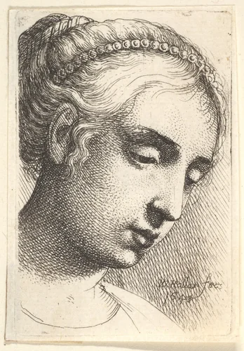 Woman with string of pearls in her hair looking downwards to right by Wenceslaus Hollar, print, 1645