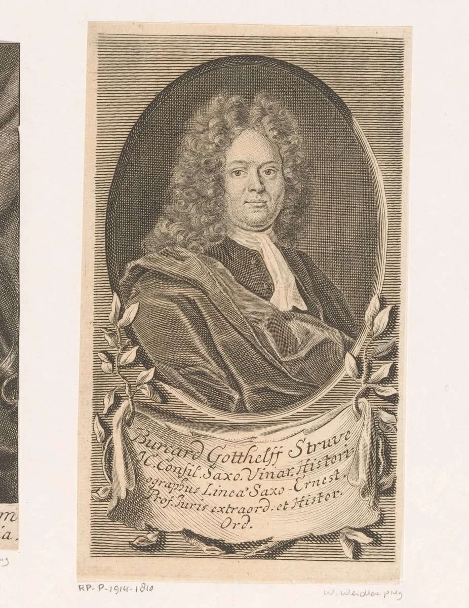 Portret van Burkhard Gotthelf Struve by Johann Martin Bernigeroth, print, 1713