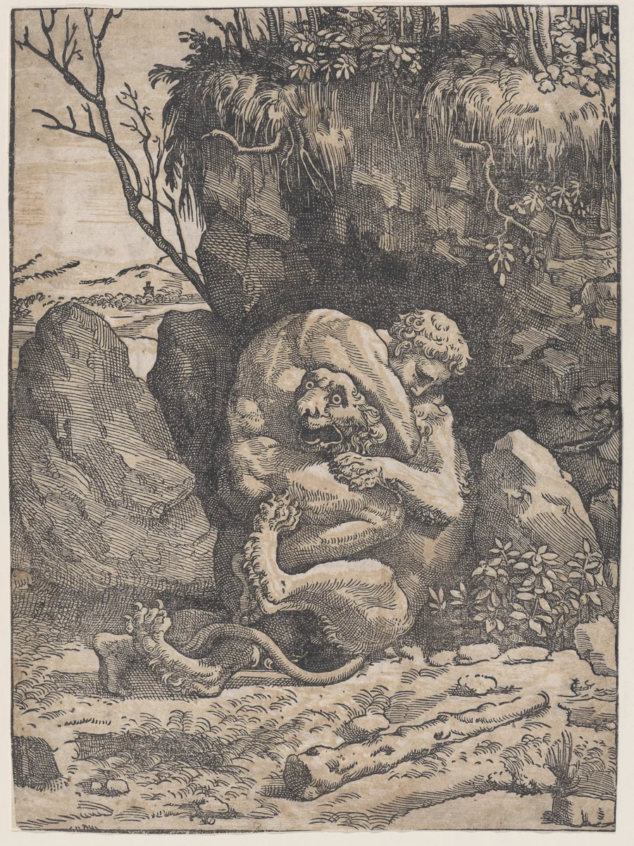Hercules and the Nemean Lion by Ugo da Carpi, print, 1512-1522