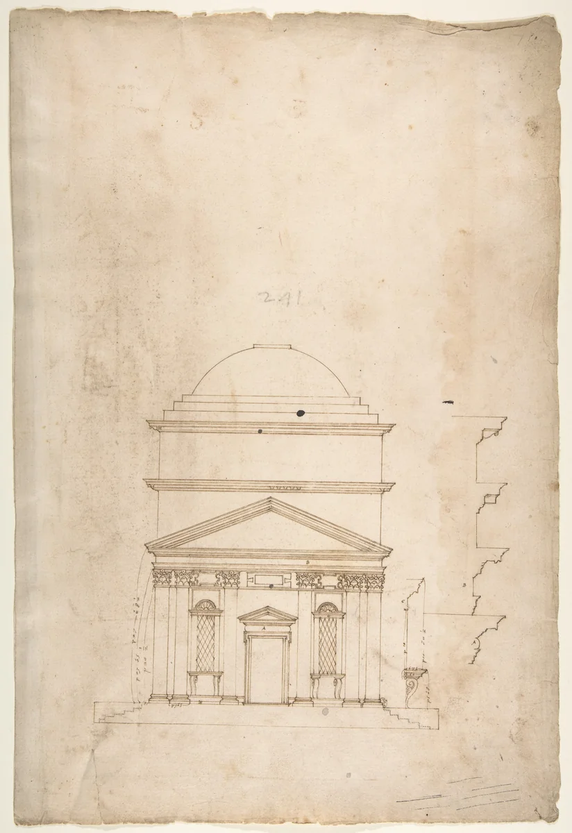 S. Andrea via Flaminia, elevation (recto) blank (verso) by anonymous, drawing, 1500-1560