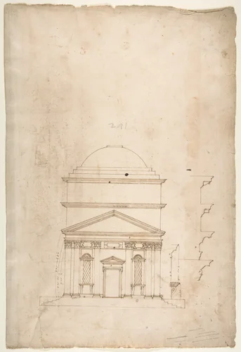 S. Andrea via Flaminia, elevation (recto) blank (verso) by anonymous, drawing, 1500-1560