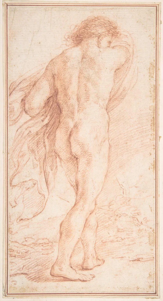 Nude Figure with Cloak, seen from rear by anonymous, drawing, 1600-1700