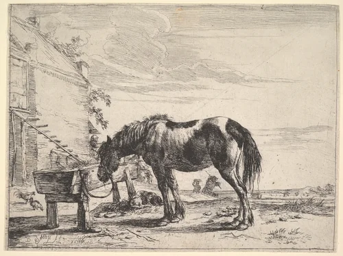 Horse Bound to a Feeding Trough, from "The Horses" by Dirck Stoop, print, 1610-1686