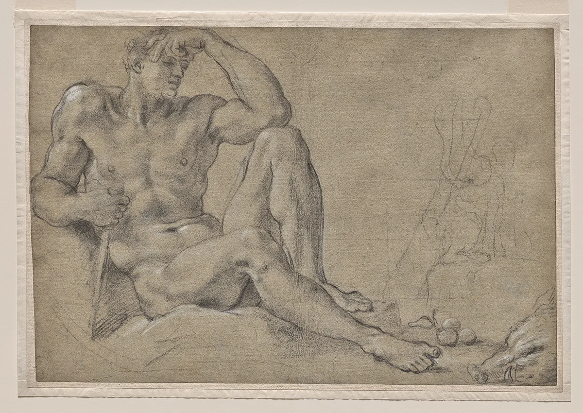 Hercules Resting (recto); Footed Vessel with Handle (verso) by Annibale Carracci, drawing, 1595-1597