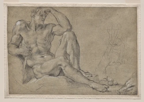 Hercules Resting (recto); Footed Vessel with Handle (verso) by Annibale Carracci, drawing, 1595-1597