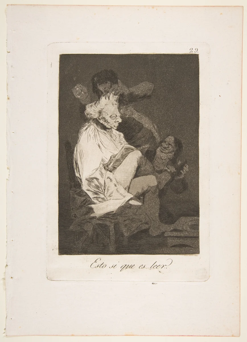Plate 29 from "Los Caprichos": That certainly is being able to read (Esto si que es leer) by Goya, print, 1799